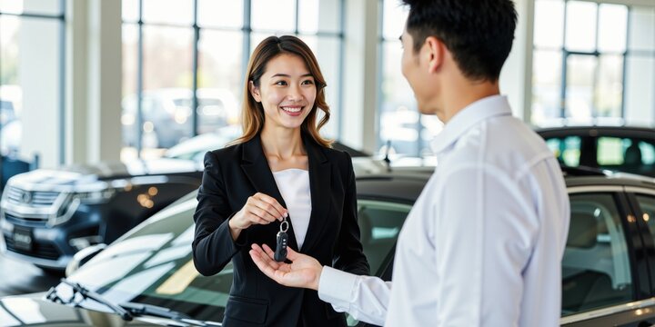 Asian Car Saleswoman Handing Over Keys to New Owner Inside Showroom
