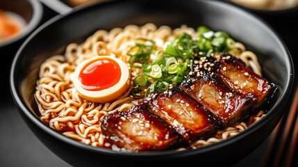 Gourmet Tonkotsu Ramen with Glazed Pork Belly and Fresh Green Onions in Black Bowl : Generative AI