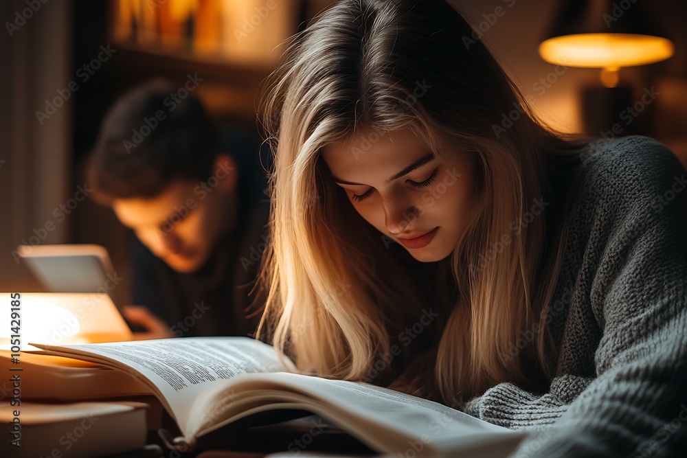 Poster Two People Studying Intensely in Home Library with Books and Technology : Generative AI