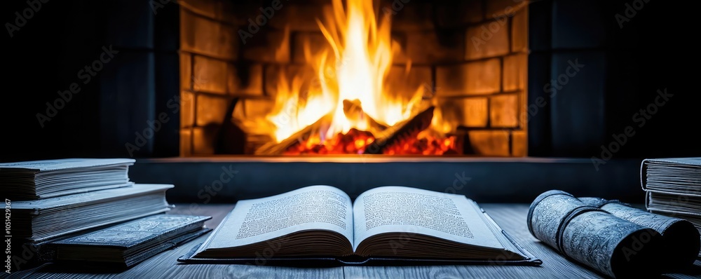 Poster Cozy scene with an open book by the fireplace, creating a warm atmosphere.