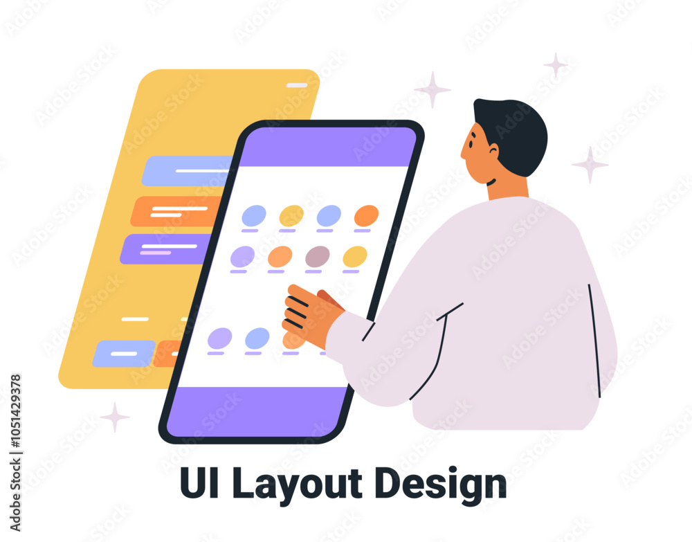 Poster ui layout design man interacting with smartphone colorful screens user interface elements modern fla
