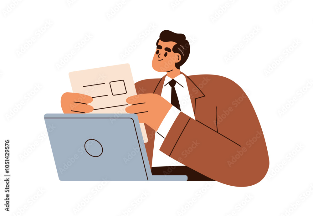 Poster office worker at laptop computer, holding business paper document. man employee holding cv. professi