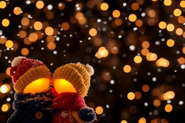 Two cute plush figures in winter hats amidst festive bokeh lights.