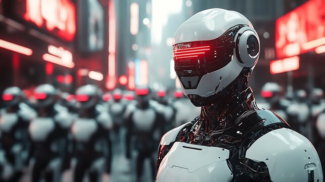 Futuristic robotic soldier in dystopian urban setting with red neon lights and digital technology : Generative AI