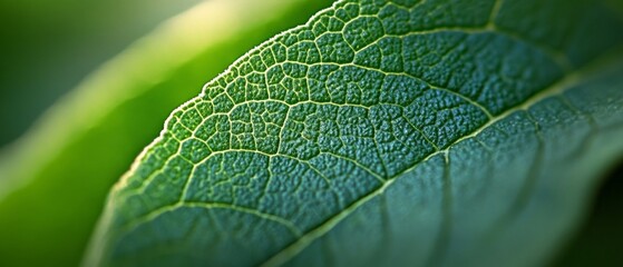 Obraz premium The close-up view showcases the detailed surface of a vibrant green leaf, illuminated by warm sunlight, highlighting nature's design and textures