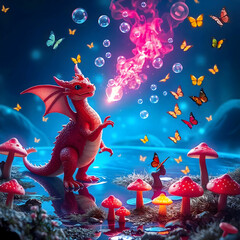 Naklejka premium In a whimsical landscape, a silly dragon blows bubbles instead of fire, delighting in its playful nature.