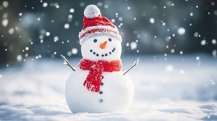 Adorable Snowman with Red Winter Hat and Scarf in Snowy Fantasy : Generative AI