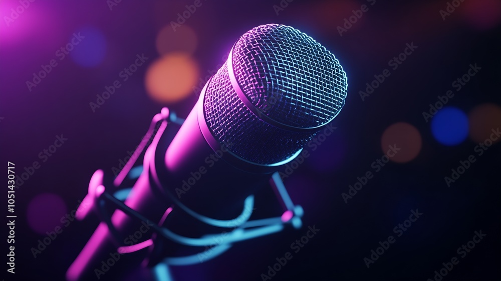 Poster dynamic microphone close-up with vibrant purple and pink bokeh for music and podcast themes : genera