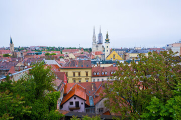 Obraz premium Aerial View Of City And Grand Cathedral In Zagreb, Croatia.
