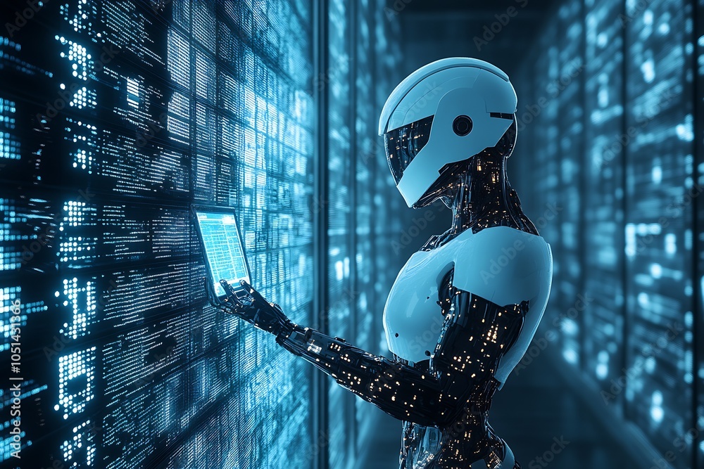 Aufkleber Advanced Futuristic Robot in a Data Center Navigating Information on a Digital Tablet : Generative AI