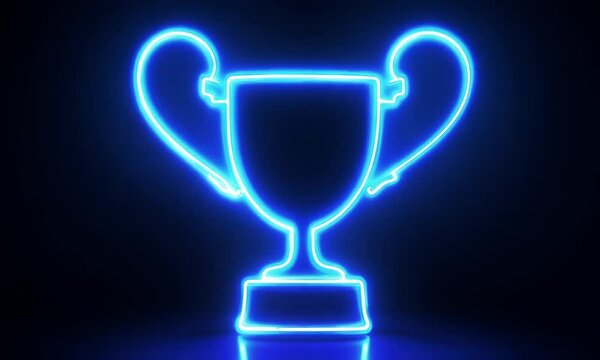  trophy cup of blue neon on black background