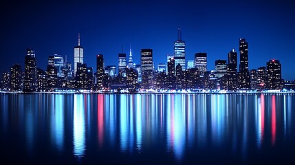 Obraz premium Modern City Skyline Reflected on Calm Water at Night with Vibrant Building Lights : Generative AI