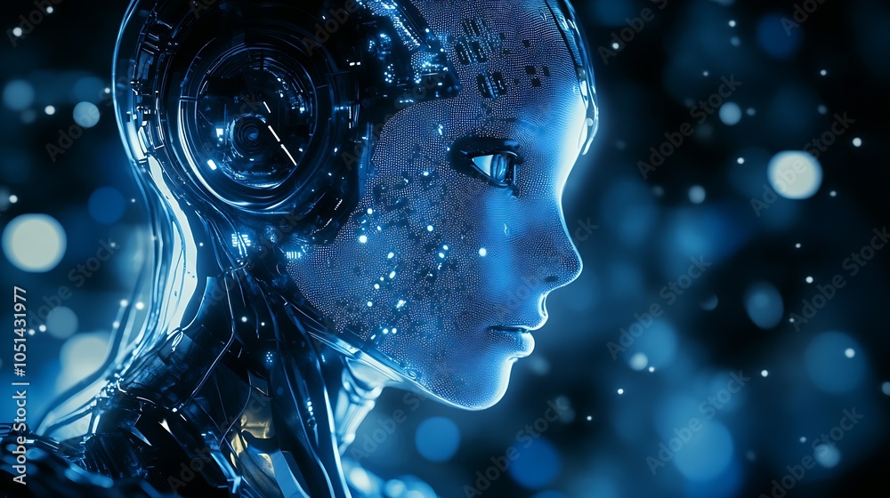 Poster futuristic humanoid robot depicted in neon blue digital artwork with bokeh effects : generative ai