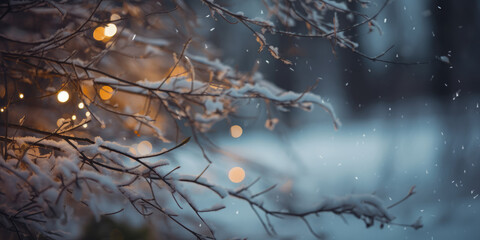 Tree Branches in Snow. Winter Nature Background. Snow Covered Tree Branches