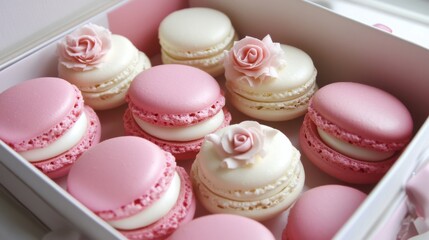 Fototapeta premium Box of pink and white macarons with delicate roses
