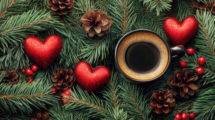 Fir branches coffee and heart decorations