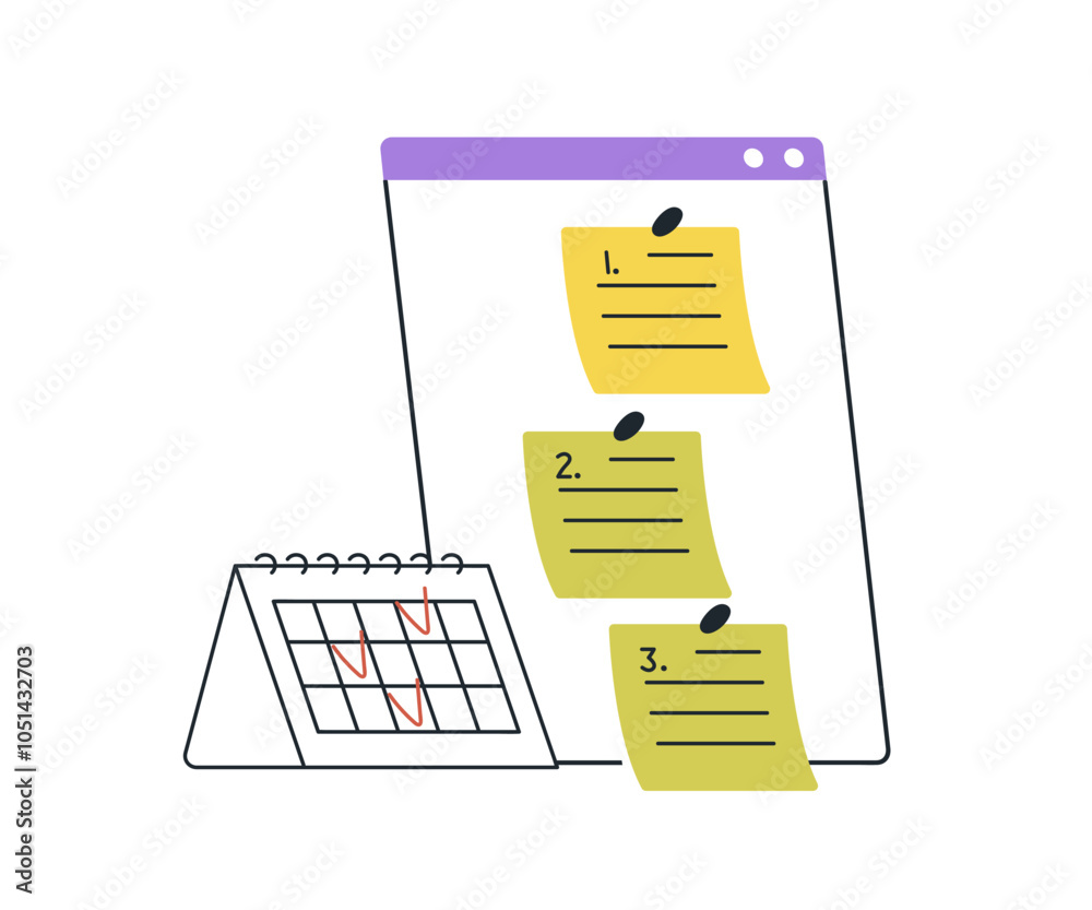 Poster Task management concept. Planning time, organizing work with scheduling, business calendar, notes, priorities. Tracking progress, deadlines. Flat vector illustration isolated on white background