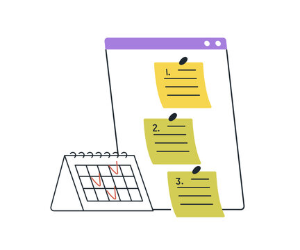 Task management concept. Planning time, organizing work with scheduling, business calendar, notes, priorities. Tracking progress, deadlines. Flat vector illustration isolated on white background