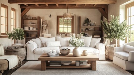 Living room setup with farmhouse elements 3d render