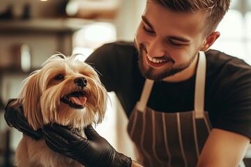 Smiling man grooming happy dog in pet grooming salon bonding and care concept : Generative AI