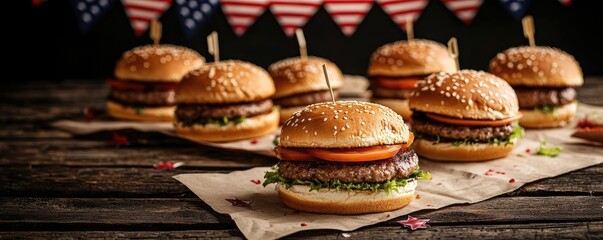 Obraz premium Delicious burgers on a wooden table, festive decor in background.