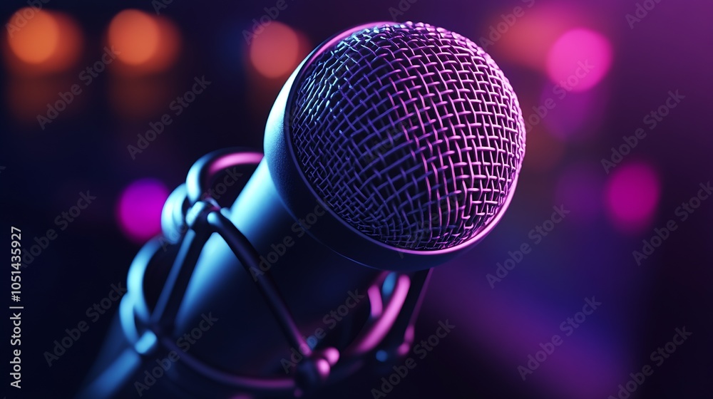 Poster Professional Microphone with Purple Lighting and Soft Bokeh Ideal for Modern Audio Content : Generative AI