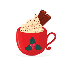 Christmas red cup of chocolate ice cream cinnamon with a christmas decoration on a withe background,hot drink,creami with cinnamon,vector illustration 