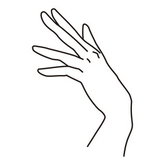 Minimalistic line art of an open hand with spread fingers, simple black outline on white
