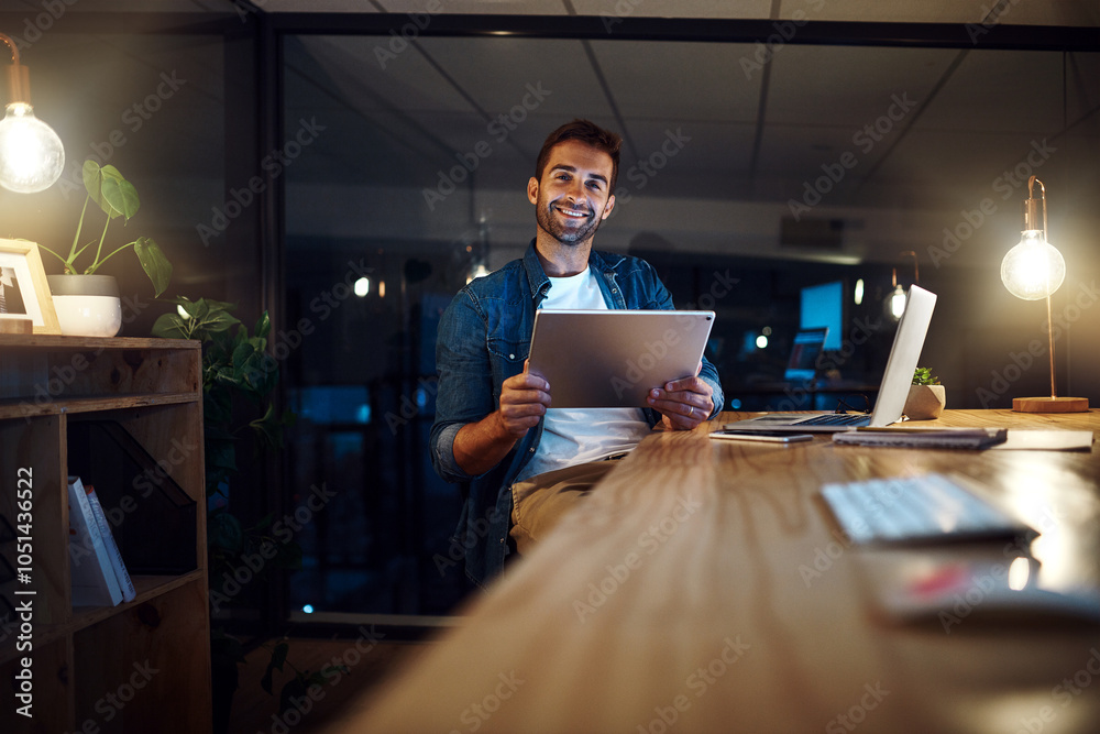 Poster man, tablet and portrait at night at startup with smile, thinking or review with project at modern o