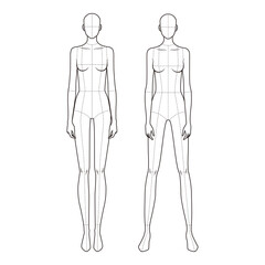 Minimalist technical line drawing of two female figures with anatomical guidelines, perfect for fashion design and anatomy references.
