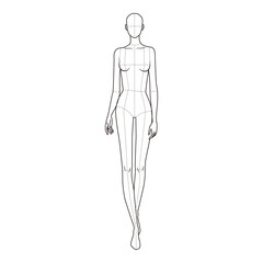Minimalist line drawing of a female figure with crossed legs and anatomy guidelines, suitable for fashion design and study references.
