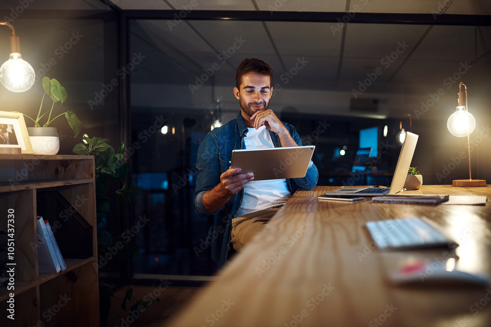 Poster man, tablet and thinking at night, startup and insight with reading, review or project in modern off