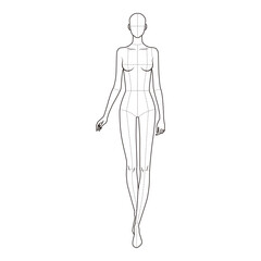Minimalist line art of a female figure walking with crossed legs, including anatomical guidelines, ideal for fashion templates and anatomy studies.
