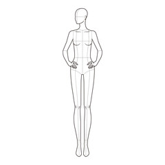 Minimalist technical drawing of a female figure with hands resting on hips, featuring anatomical guidelines, suitable for fashion and anatomy reference.
