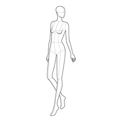 Minimalist line drawing of a female figure in a relaxed walking stance with anatomical guides, suitable for fashion templates and anatomy references.
