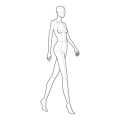 Minimalist side view line drawing of a female figure in a walking pose with anatomical guidelines, ideal for fashion and anatomy studies.
