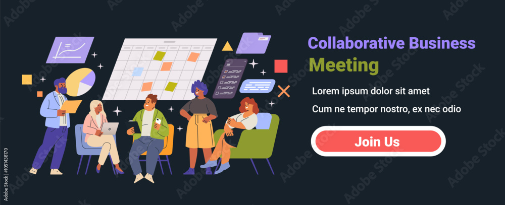 Poster collaborative business meeting concept with diverse team discussing charts and schedules in a dark m