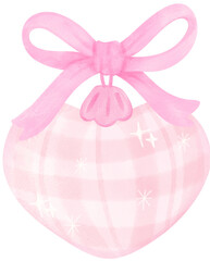 Pink Coquette Christmas ball heart shape with ribbon bow watercolor