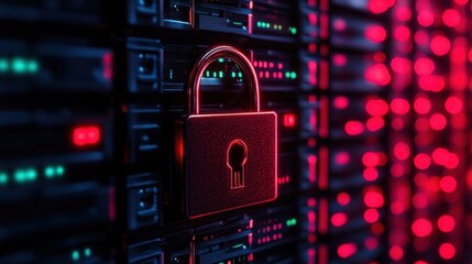 Obraz premium Digital lock on server network, red lights