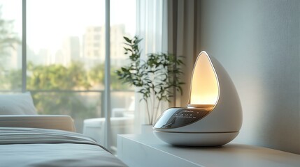 Modern aromatherapy diffuser on a stylish table in a serene bedroom, emitting soothing light and providing a calming atmosphere for relaxation and wellness.