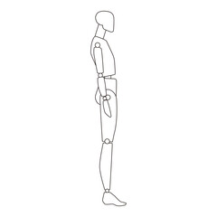 Side view of a technical flat mannequin with articulated joints in a simplified, segmented structure, minimalist outline style.
