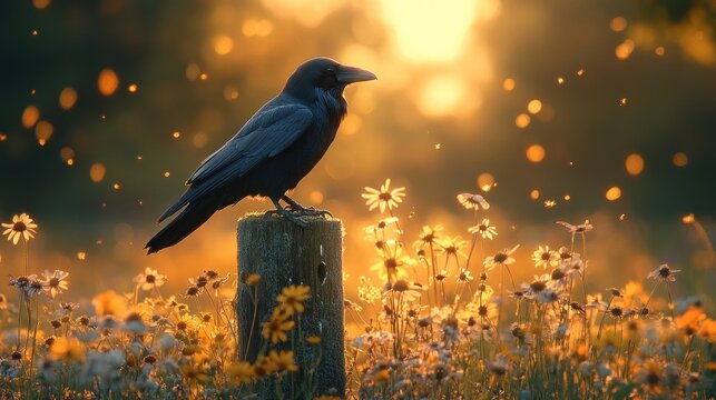 A lone crow perched on a wooden post in a field of wildflowers, bathed in the warm glow of the setting sun.