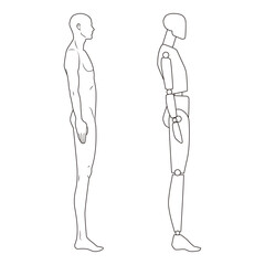 Comparison of a human anatomy outline and a segmented mannequin in side view, highlighting articulation and anatomical structure in a minimalist style.
