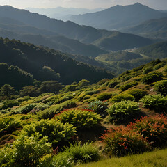 A picturesque view of Soni Kougen Plateau in Japan showcases rolling green hills, dotted with vibrant wildflowers.