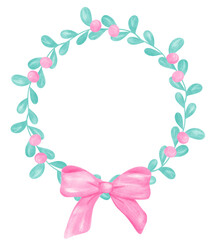 Coquette Christmas wreath with pink bow watercolor