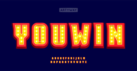 Illuminated marquee alphabet, bold glowing lights letters, retro carnival style font, 3D casino typography, flashy entertainment typographic design, festive logo and headline. Vector typeset. © artyway