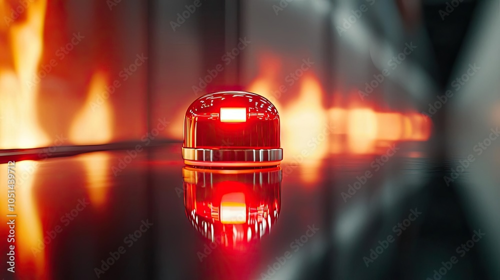 Poster red emergency light on reflective surface with blurred flames in the background.