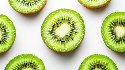 Fototapeta premium Close-up of a perfectly sliced kiwi fruit on a pure white background, showcasing its vibrant green flesh and seeds, kiwi fruit, fresh, clean advertisement