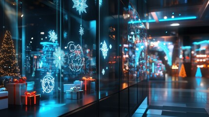 Fototapeta premium Winter shopping mall with neon snowflakes and gifts.