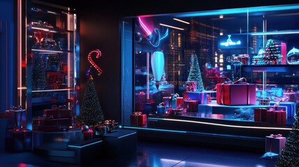 Vibrant Christmas window with gifts and neon lights.